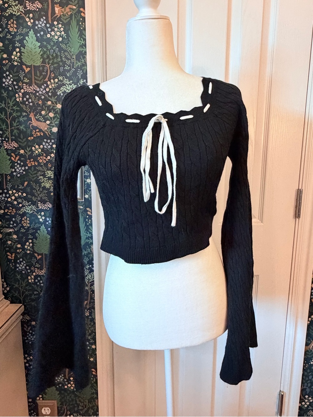 Altar'd State Black Cable Knit Crop Sweater with Contrast Lace Tie